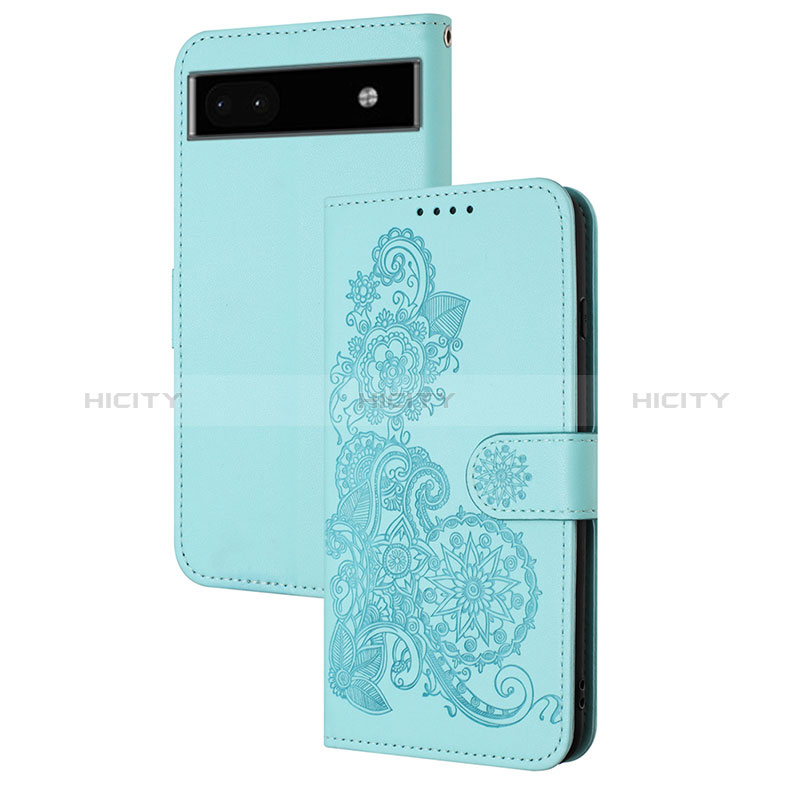 Custodia Portafoglio In Pelle Fiori Cover con Supporto Y01X per Google Pixel 6a 5G Azzurro