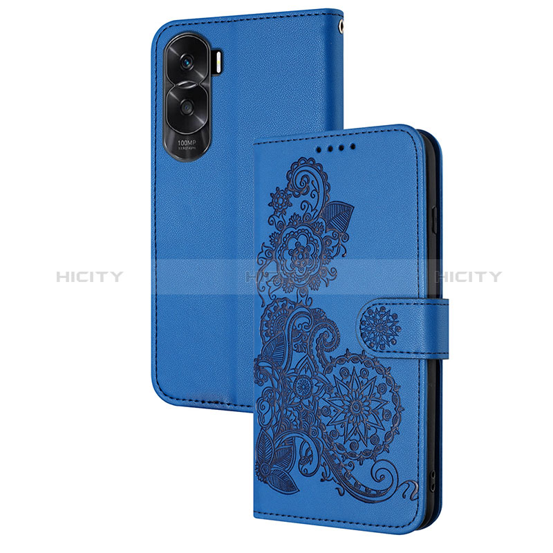 Custodia Portafoglio In Pelle Fiori Cover con Supporto Y01X per Huawei Honor 90 Lite 5G Blu