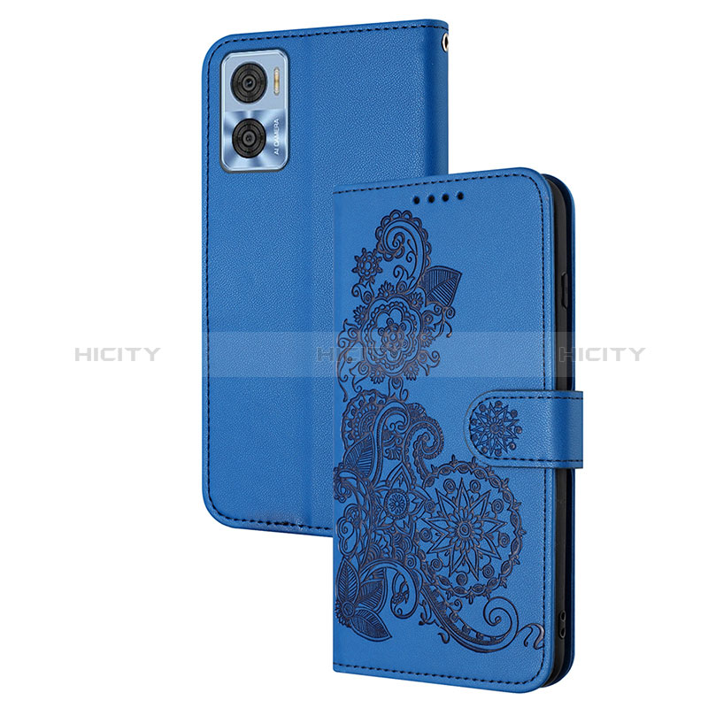 Custodia Portafoglio In Pelle Fiori Cover con Supporto Y01X per Motorola Moto E22 Blu