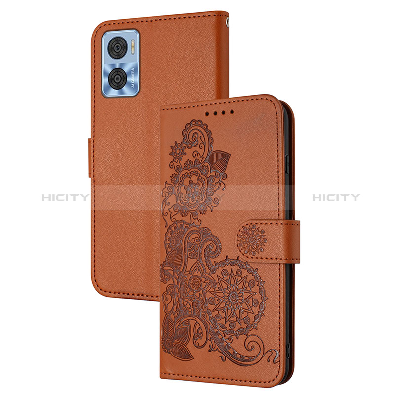 Custodia Portafoglio In Pelle Fiori Cover con Supporto Y01X per Motorola Moto E22i Marrone