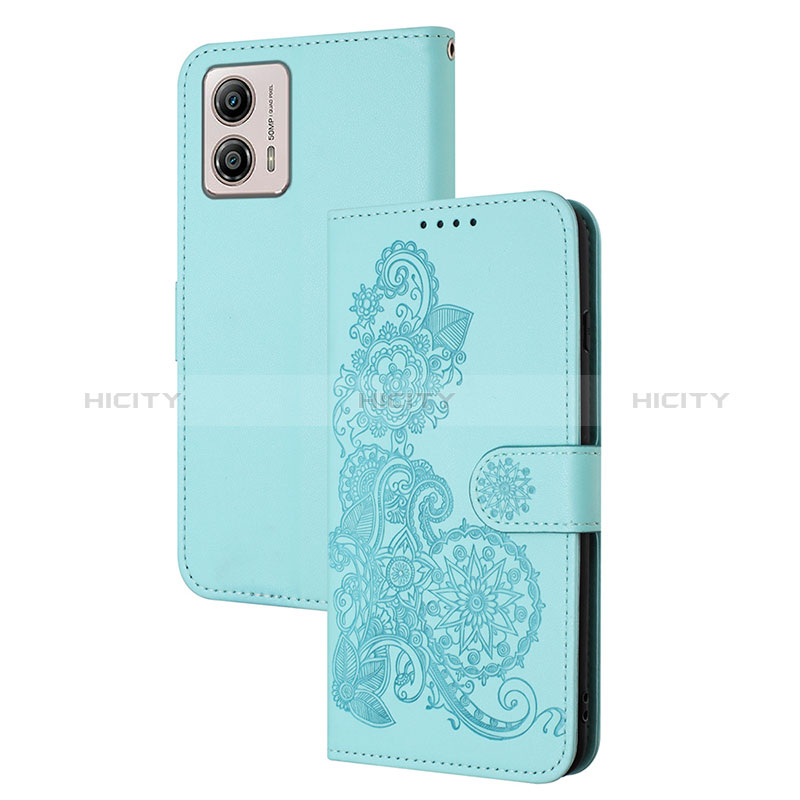 Custodia Portafoglio In Pelle Fiori Cover con Supporto Y01X per Motorola Moto G53 5G Azzurro