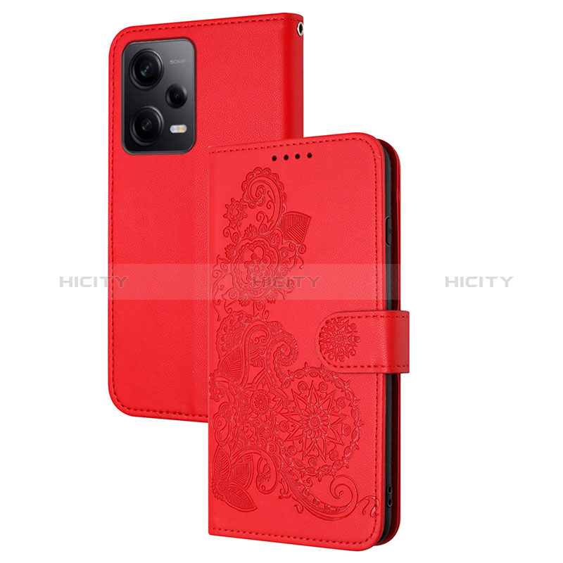 Custodia Portafoglio In Pelle Fiori Cover con Supporto Y01X per Xiaomi Redmi Note 12 Explorer Rosso