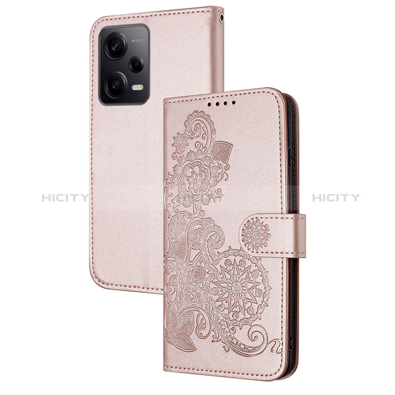 Custodia Portafoglio In Pelle Fiori Cover con Supporto Y01X per Xiaomi Redmi Note 12 Pro 5G Oro Rosa