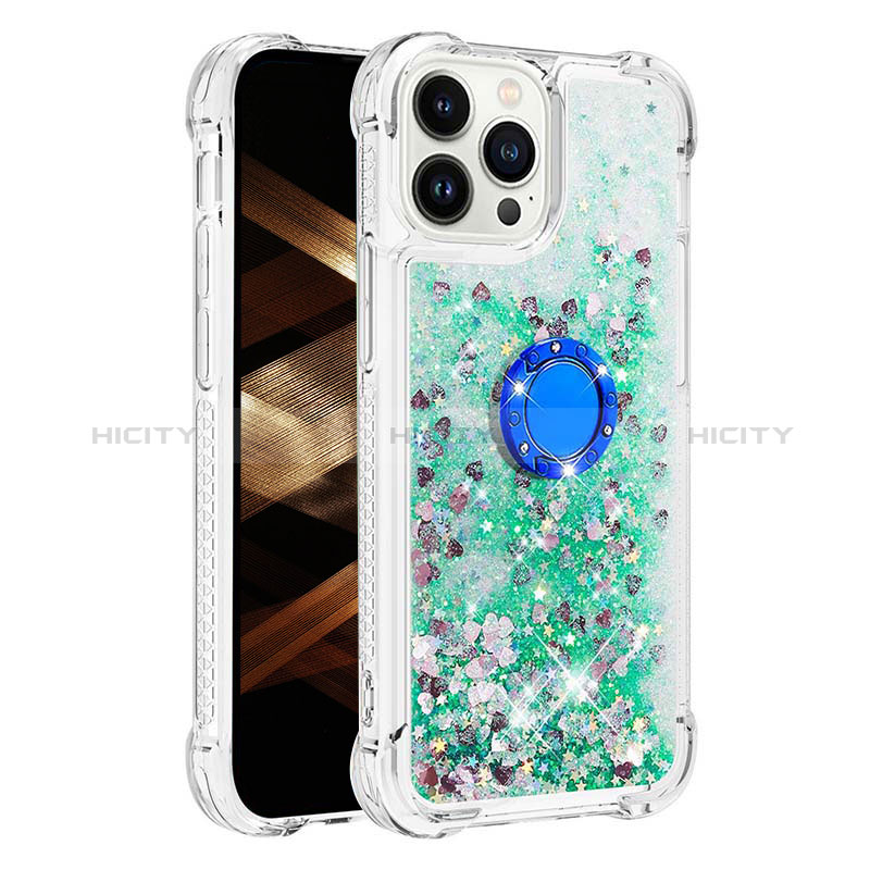 Custodia Silicone Cover Morbida Bling-Bling con Anello Supporto S01 per Apple iPhone 13 Pro Verde