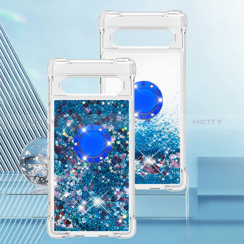 Custodia Silicone Cover Morbida Bling-Bling con Anello Supporto S01 per Google Pixel 7a 5G Blu