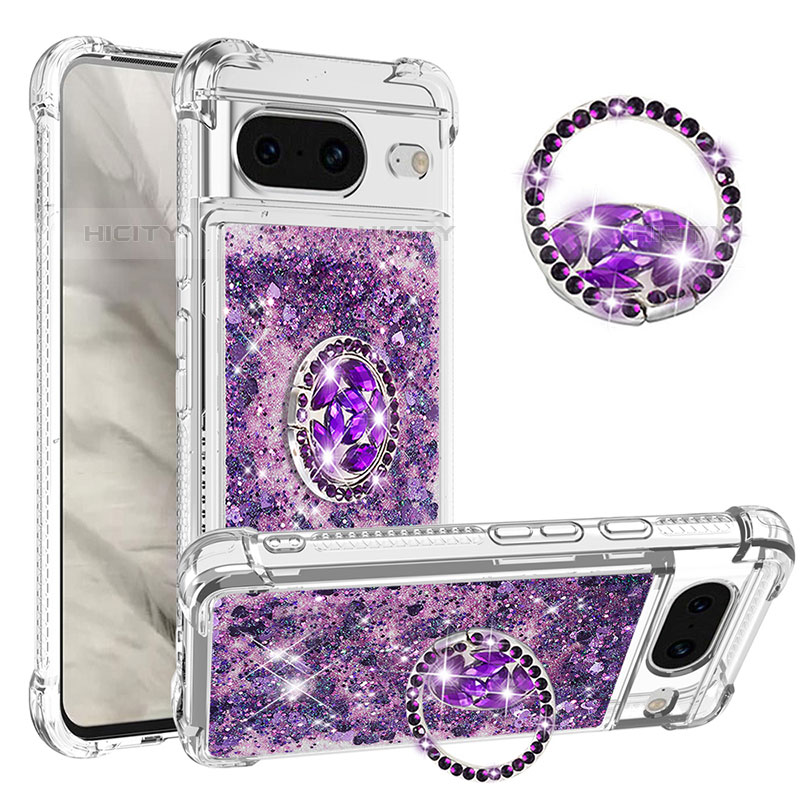 Custodia Silicone Cover Morbida Bling-Bling con Anello Supporto S01 per Google Pixel 8 5G Viola