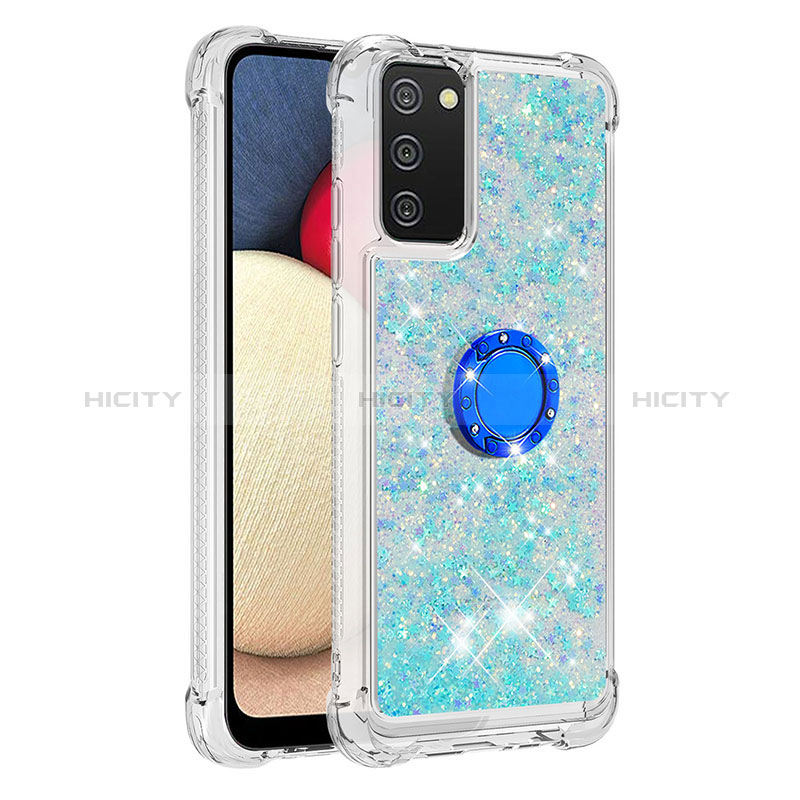 Custodia Silicone Cover Morbida Bling-Bling con Anello Supporto S01 per Samsung Galaxy A02s Ciano