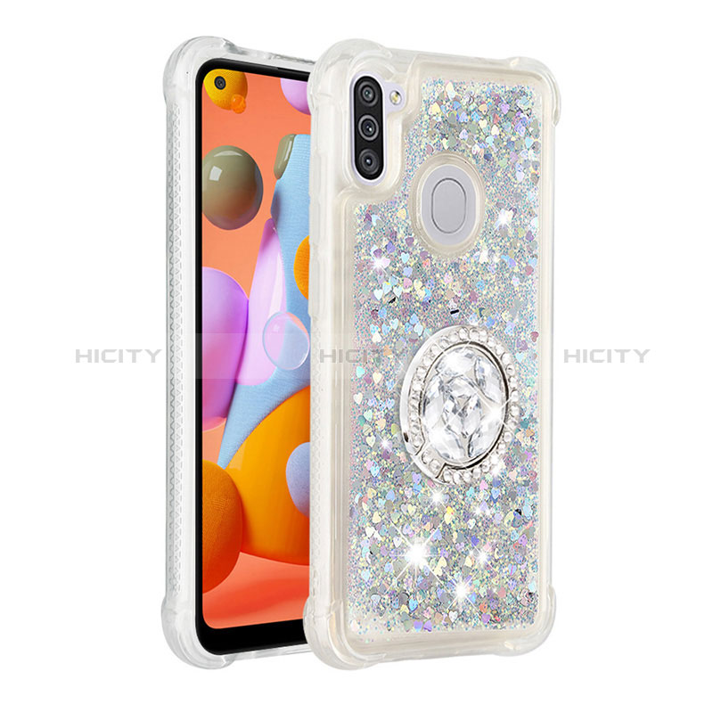 Custodia Silicone Cover Morbida Bling-Bling con Anello Supporto S01 per Samsung Galaxy A11 Argento