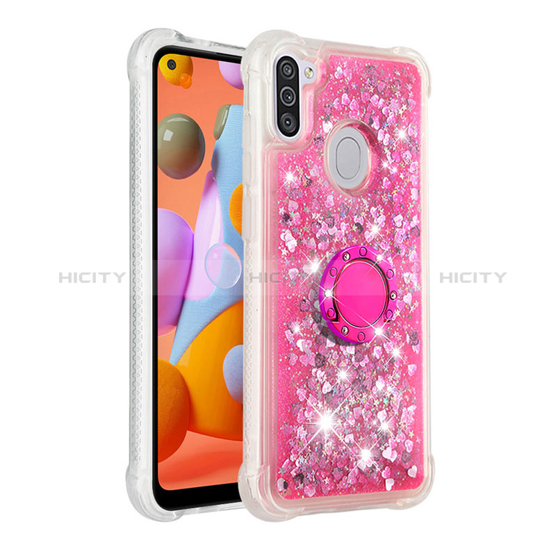 Custodia Silicone Cover Morbida Bling-Bling con Anello Supporto S01 per Samsung Galaxy A11 Rosa Caldo