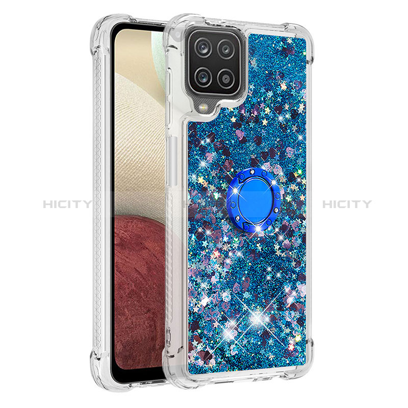 Custodia Silicone Cover Morbida Bling-Bling con Anello Supporto S01 per Samsung Galaxy A12 5G Blu
