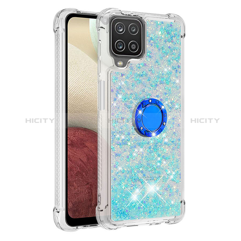 Custodia Silicone Cover Morbida Bling-Bling con Anello Supporto S01 per Samsung Galaxy A12 5G Cielo Blu