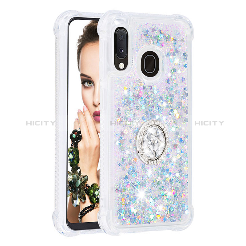 Custodia Silicone Cover Morbida Bling-Bling con Anello Supporto S01 per Samsung Galaxy A20e Argento