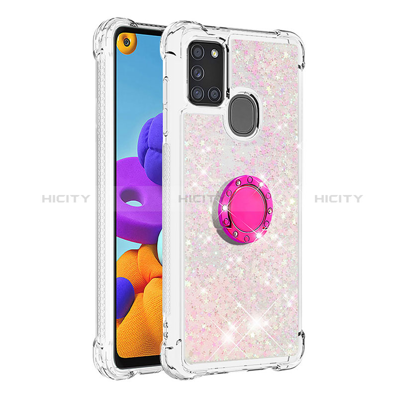 Custodia Silicone Cover Morbida Bling-Bling con Anello Supporto S01 per Samsung Galaxy A21s Rosa