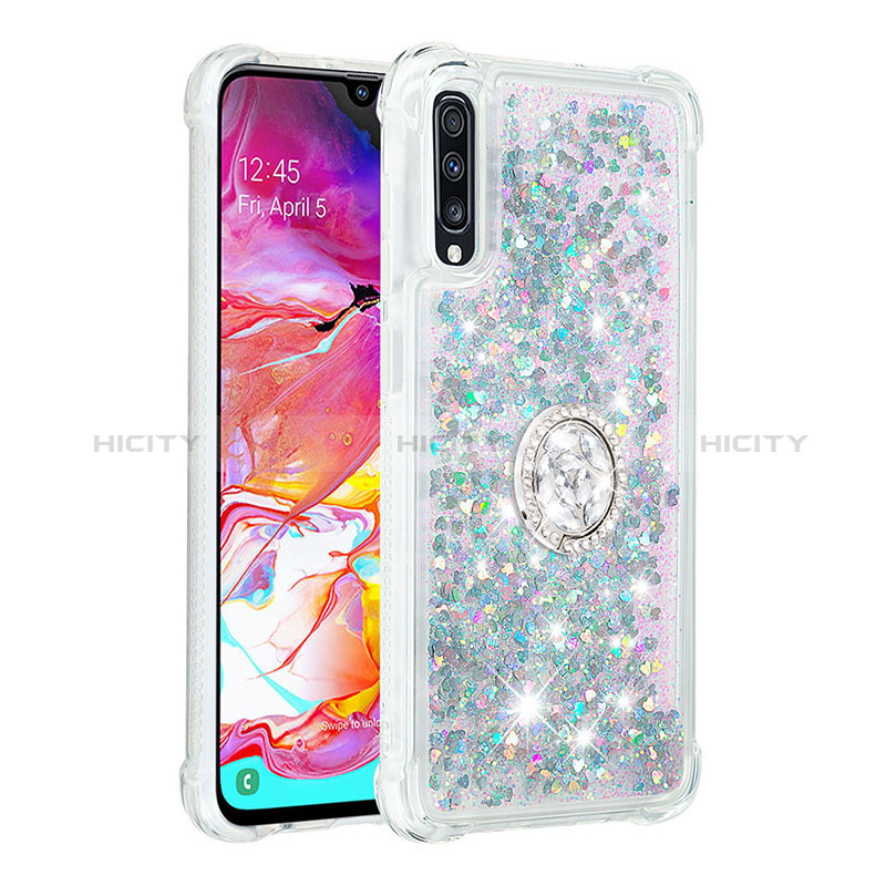 Custodia Silicone Cover Morbida Bling-Bling con Anello Supporto S01 per Samsung Galaxy A70S Argento