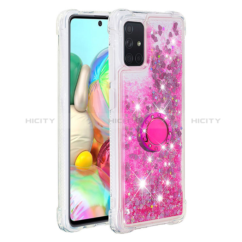 Custodia Silicone Cover Morbida Bling-Bling con Anello Supporto S01 per Samsung Galaxy A71 4G A715 Rosa Caldo