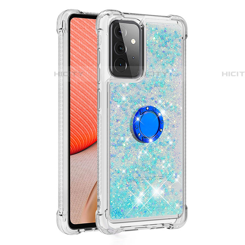 Custodia Silicone Cover Morbida Bling-Bling con Anello Supporto S01 per Samsung Galaxy A72 4G Ciano