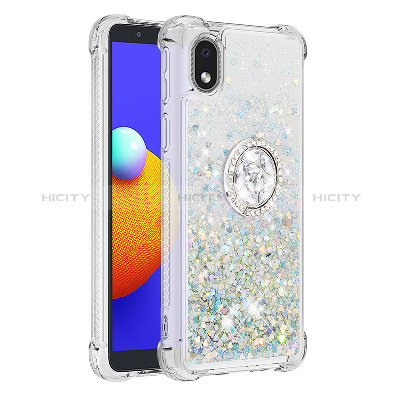 Custodia Silicone Cover Morbida Bling-Bling con Anello Supporto S01 per Samsung Galaxy M01 Core Argento