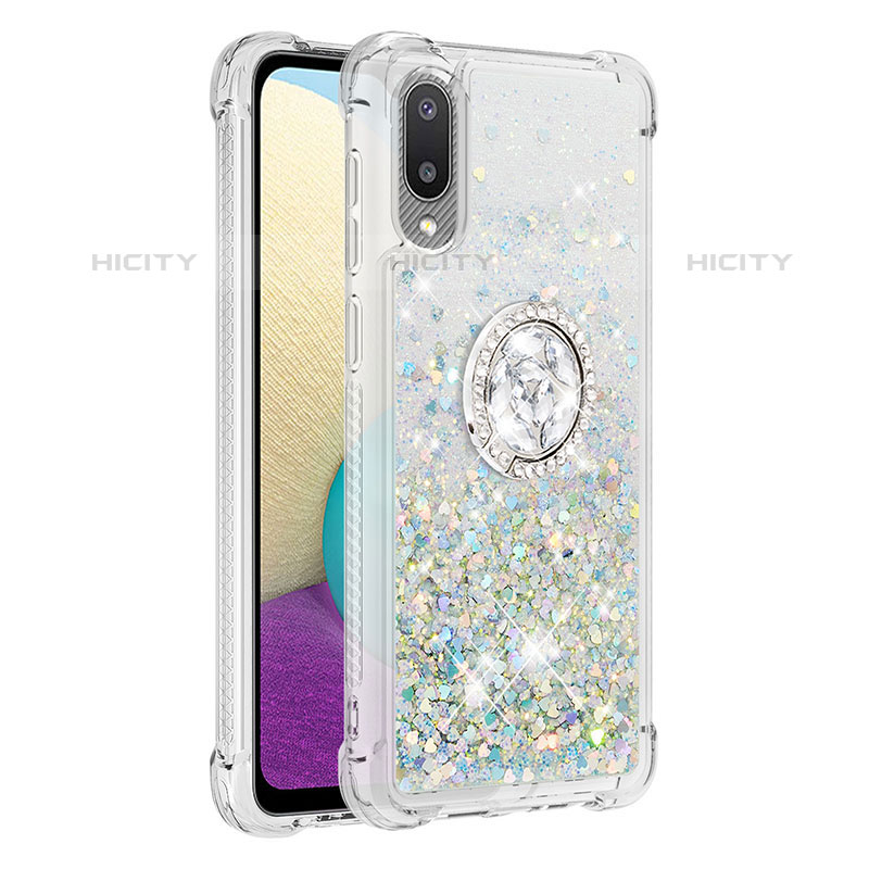 Custodia Silicone Cover Morbida Bling-Bling con Anello Supporto S01 per Samsung Galaxy M02 Argento