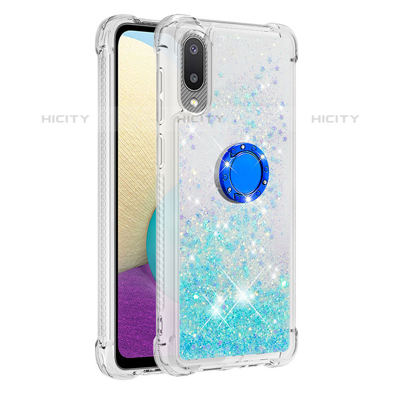 Custodia Silicone Cover Morbida Bling-Bling con Anello Supporto S01 per Samsung Galaxy M02 Ciano