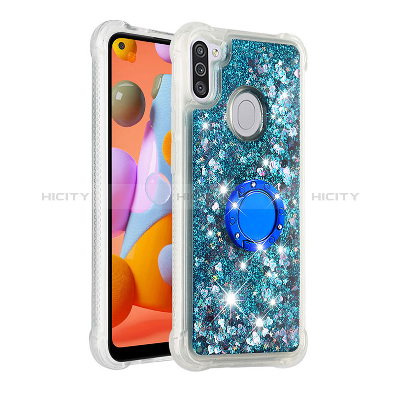 Custodia Silicone Cover Morbida Bling-Bling con Anello Supporto S01 per Samsung Galaxy M11 Blu