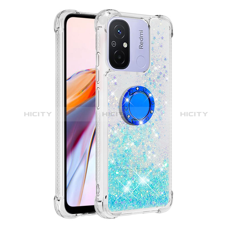 Custodia Silicone Cover Morbida Bling-Bling con Anello Supporto S01 per Xiaomi Poco C55 Azzurro