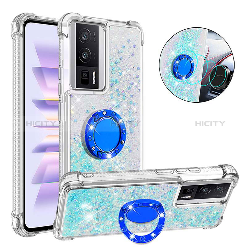 Custodia Silicone Cover Morbida Bling-Bling con Anello Supporto S01 per Xiaomi Poco F5 Pro 5G Azzurro