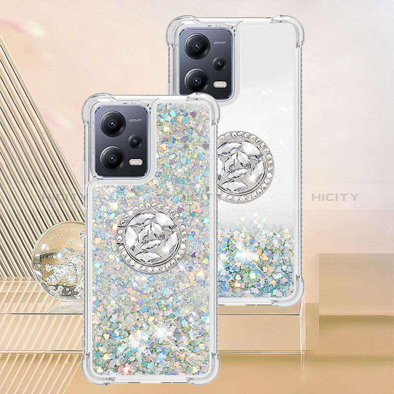 Custodia Silicone Cover Morbida Bling-Bling con Anello Supporto S01 per Xiaomi Redmi Note 12 5G Argento