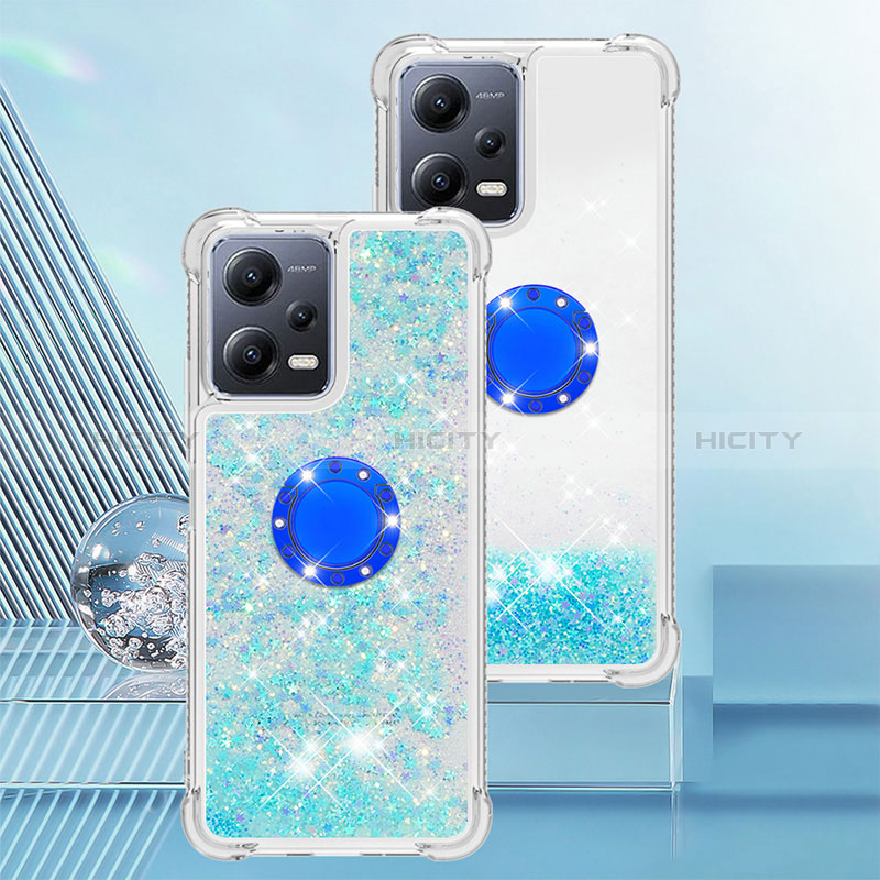 Custodia Silicone Cover Morbida Bling-Bling con Anello Supporto S01 per Xiaomi Redmi Note 12 5G Cielo Blu