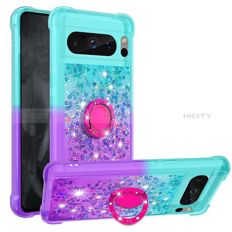 Custodia Silicone Cover Morbida Bling-Bling con Anello Supporto S02 per Google Pixel 8 Pro 5G Cielo Blu