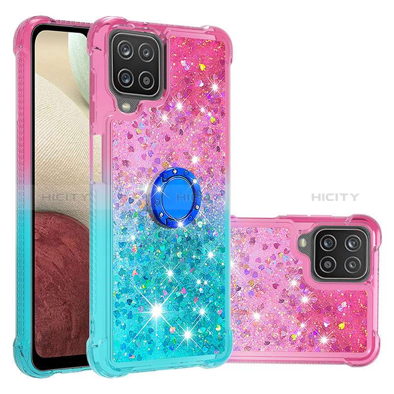 Custodia Silicone Cover Morbida Bling-Bling con Anello Supporto S02 per Samsung Galaxy A12 Nacho Rosa