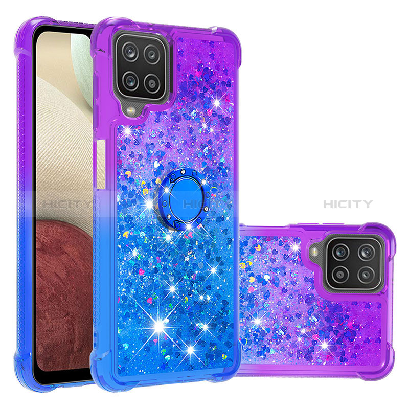 Custodia Silicone Cover Morbida Bling-Bling con Anello Supporto S02 per Samsung Galaxy A12 Viola