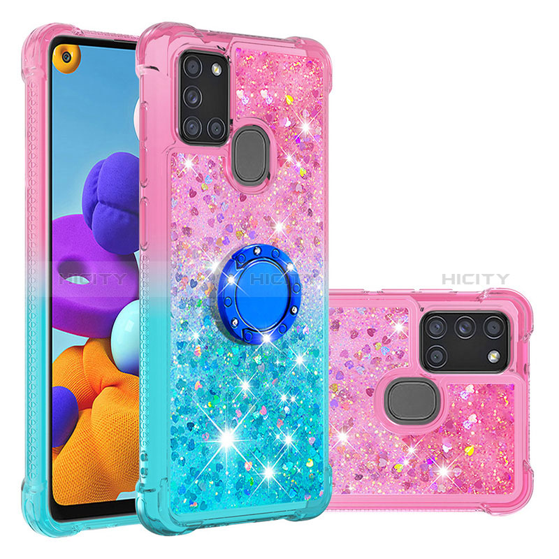 Custodia Silicone Cover Morbida Bling-Bling con Anello Supporto S02 per Samsung Galaxy A21s Rosa