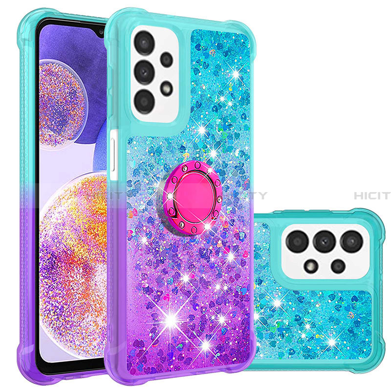 Custodia Silicone Cover Morbida Bling-Bling con Anello Supporto S02 per Samsung Galaxy A23 4G Cielo Blu