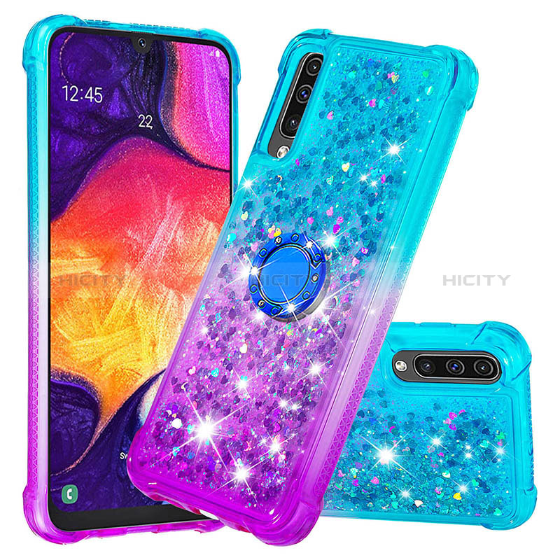 Custodia Silicone Cover Morbida Bling-Bling con Anello Supporto S02 per Samsung Galaxy A30S Cielo Blu