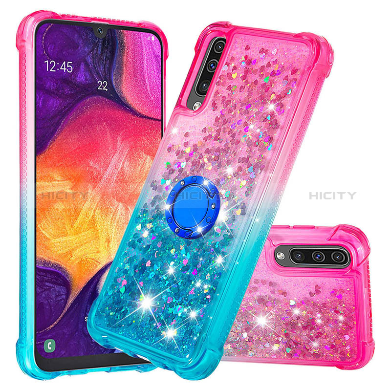 Custodia Silicone Cover Morbida Bling-Bling con Anello Supporto S02 per Samsung Galaxy A30S Rosa