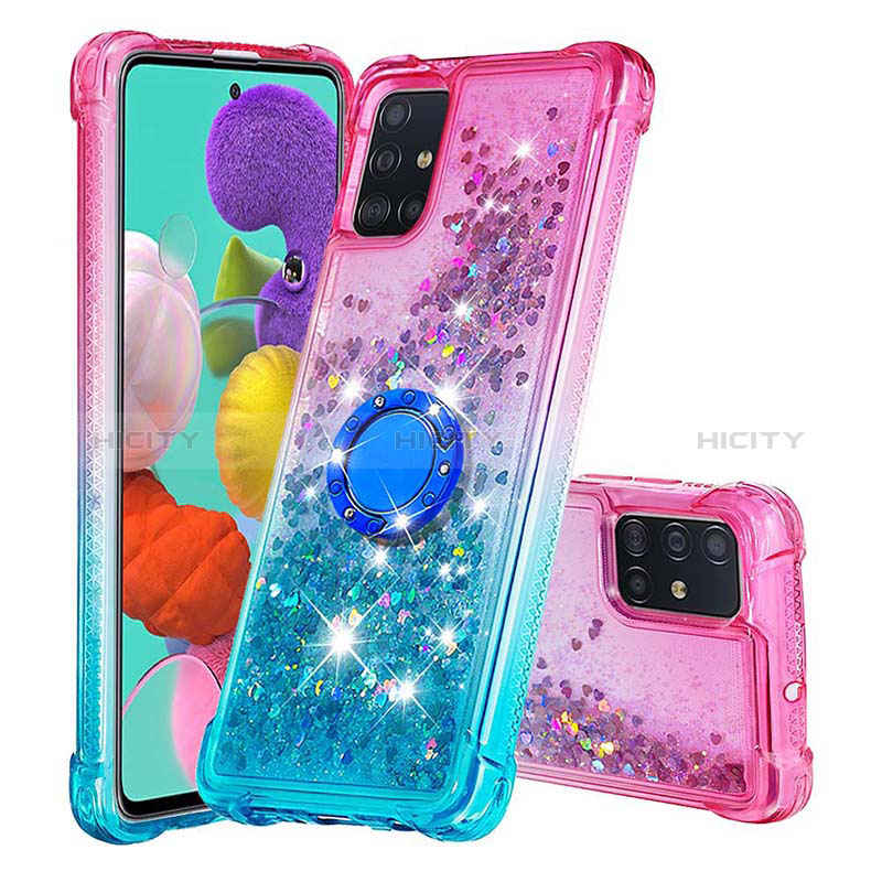 Custodia Silicone Cover Morbida Bling-Bling con Anello Supporto S02 per Samsung Galaxy A51 4G Rosa