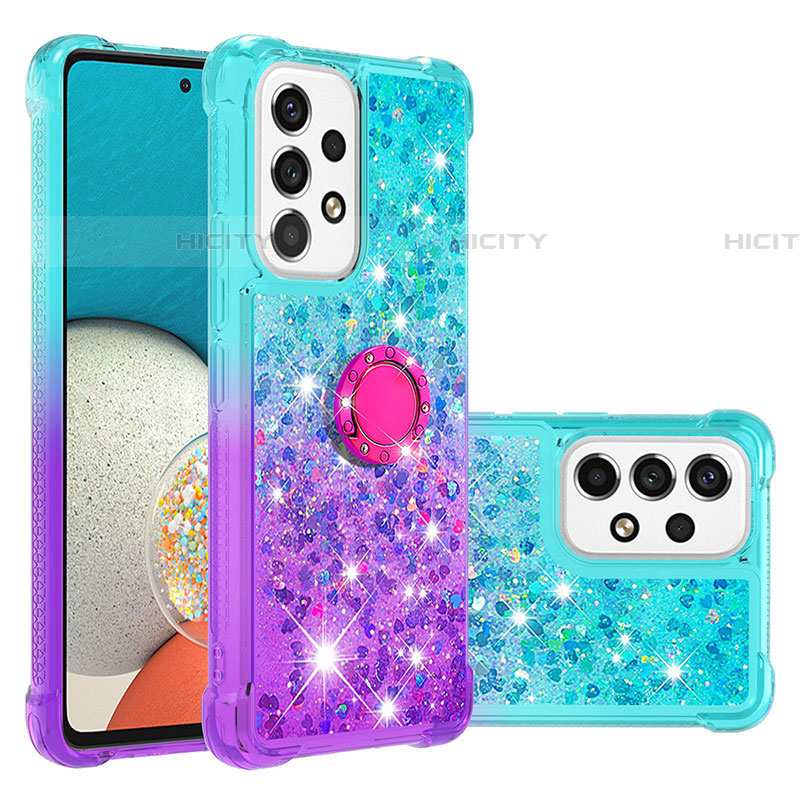 Custodia Silicone Cover Morbida Bling-Bling con Anello Supporto S02 per Samsung Galaxy A53 5G Cielo Blu