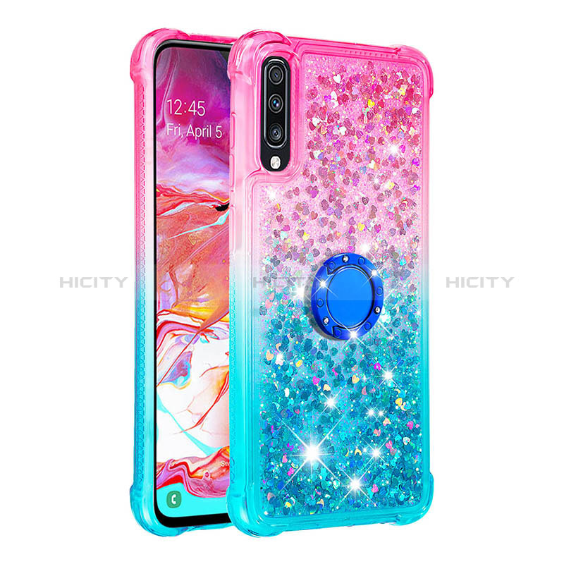 Custodia Silicone Cover Morbida Bling-Bling con Anello Supporto S02 per Samsung Galaxy A70 Rosa