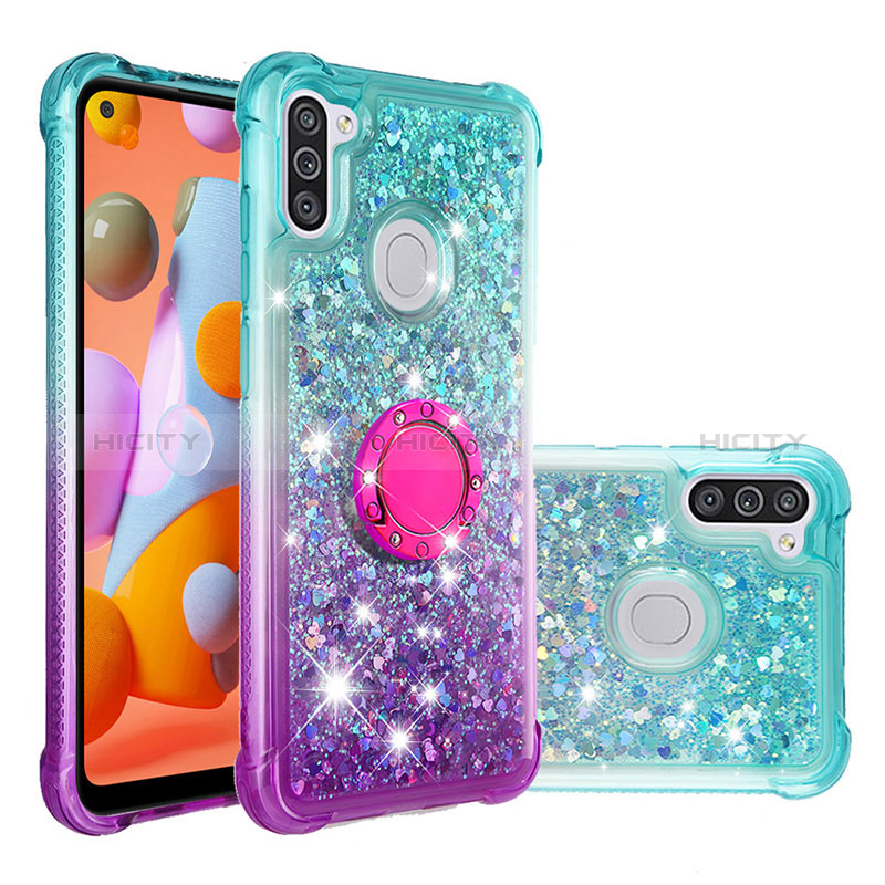 Custodia Silicone Cover Morbida Bling-Bling con Anello Supporto S02 per Samsung Galaxy M11 Cielo Blu