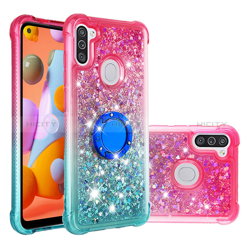 Custodia Silicone Cover Morbida Bling-Bling con Anello Supporto S02 per Samsung Galaxy M11 Rosa