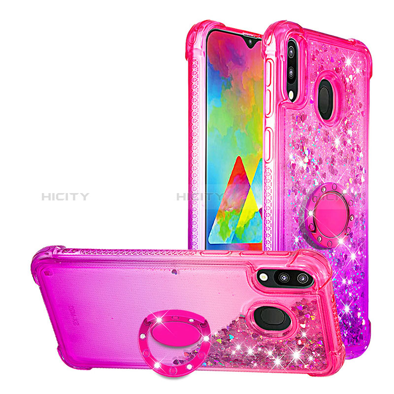 Custodia Silicone Cover Morbida Bling-Bling con Anello Supporto S02 per Samsung Galaxy M20 Rosa Caldo