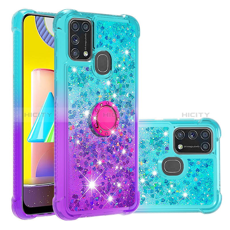 Custodia Silicone Cover Morbida Bling-Bling con Anello Supporto S02 per Samsung Galaxy M21s Cielo Blu