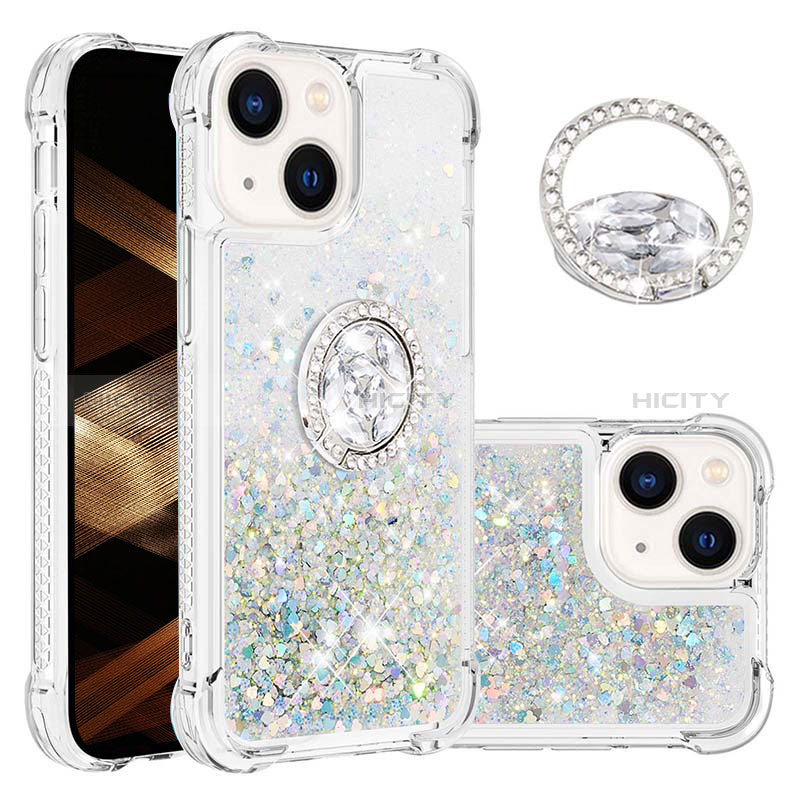 Custodia Silicone Cover Morbida Bling-Bling con Anello Supporto S03 per Apple iPhone 13 Azzurro