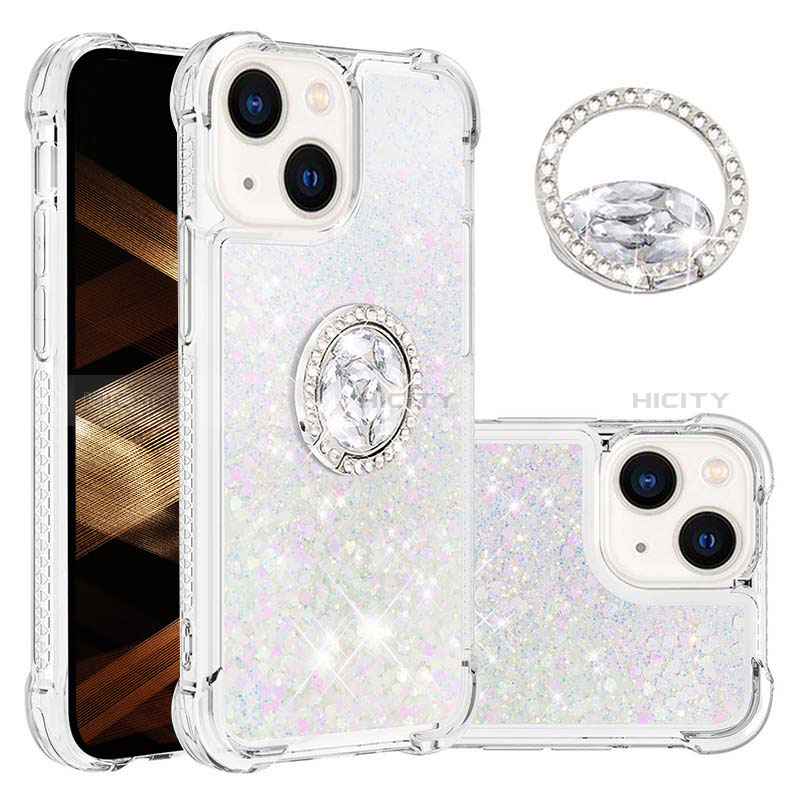 Custodia Silicone Cover Morbida Bling-Bling con Anello Supporto S03 per Apple iPhone 14 Plus Argento