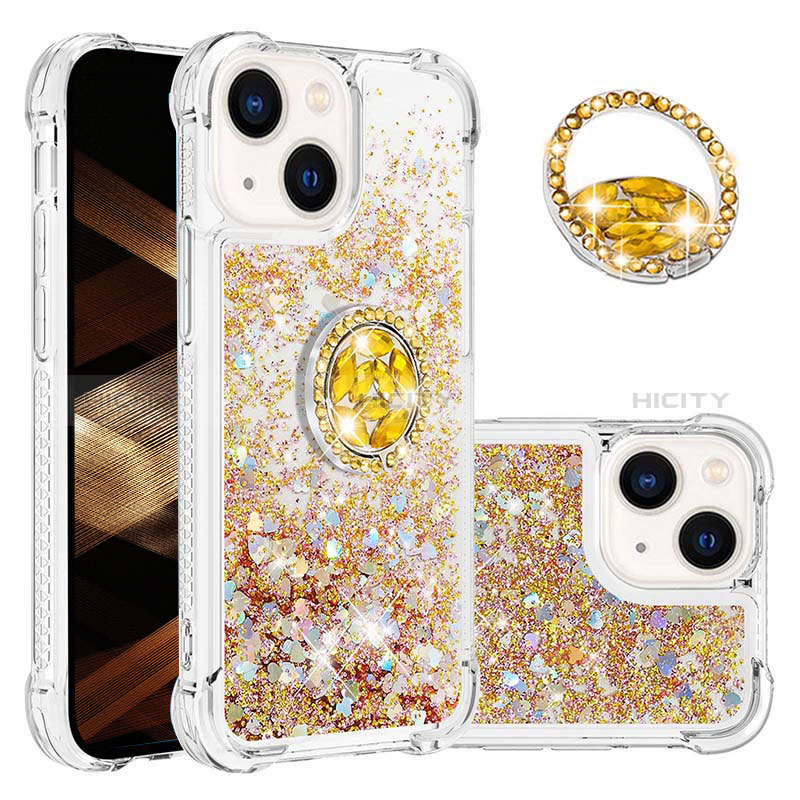 Custodia Silicone Cover Morbida Bling-Bling con Anello Supporto S03 per Apple iPhone 15 Oro