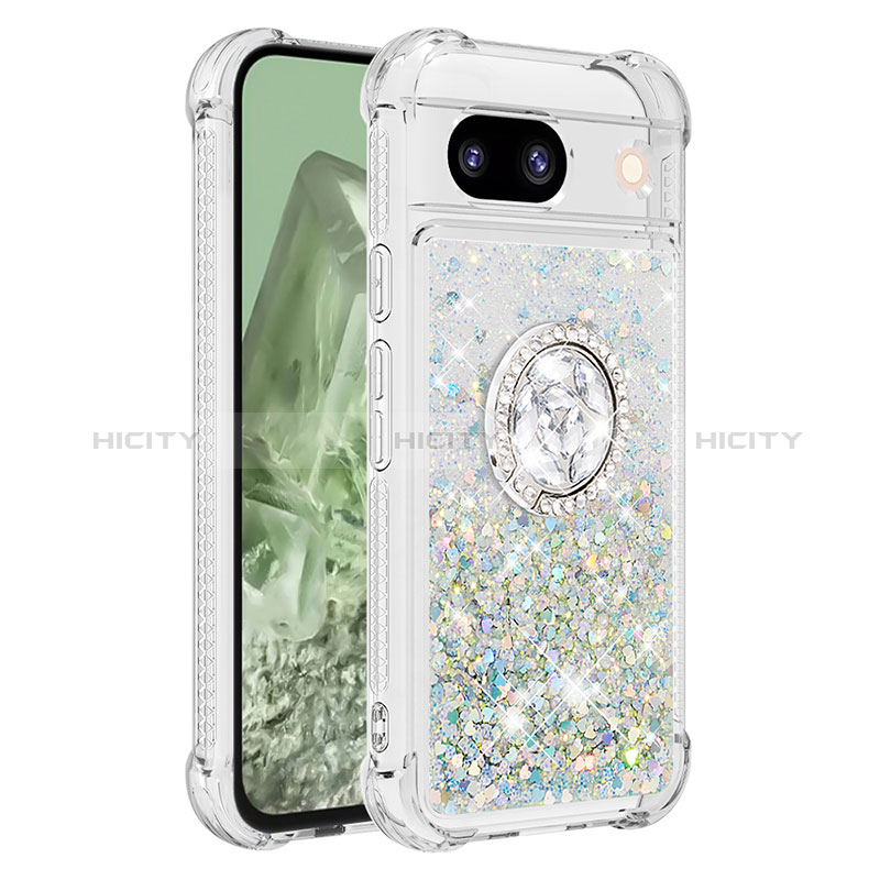 Custodia Silicone Cover Morbida Bling-Bling con Anello Supporto YB1 per Google Pixel 8a 5G Argento