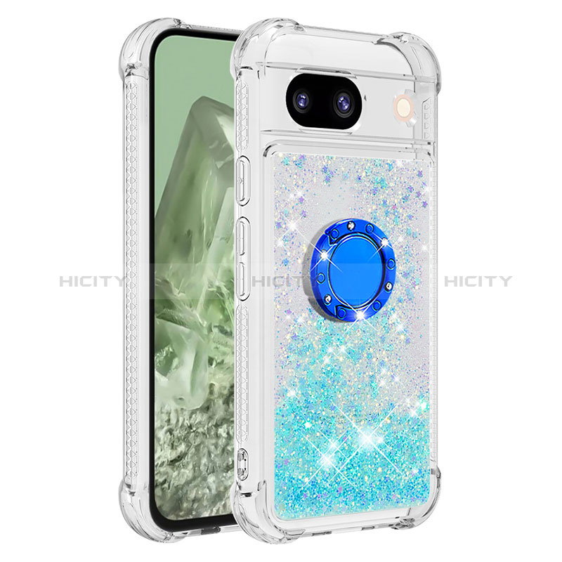 Custodia Silicone Cover Morbida Bling-Bling con Anello Supporto YB1 per Google Pixel 8a 5G Azzurro