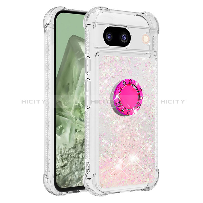 Custodia Silicone Cover Morbida Bling-Bling con Anello Supporto YB1 per Google Pixel 8a 5G Oro Rosa