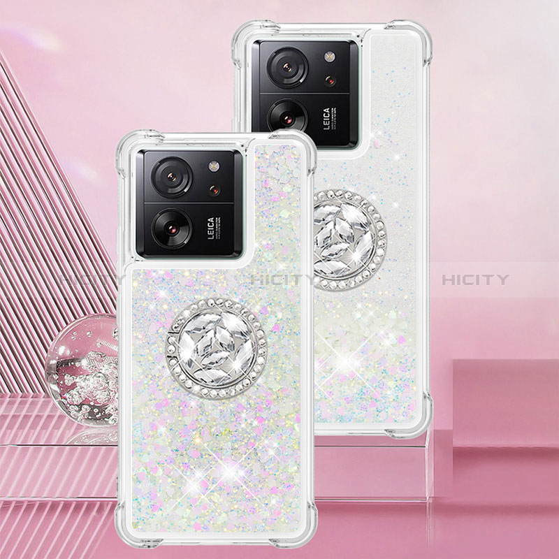 Custodia Silicone Cover Morbida Bling-Bling con Anello Supporto YB1 per Xiaomi Mi 13T 5G Argento