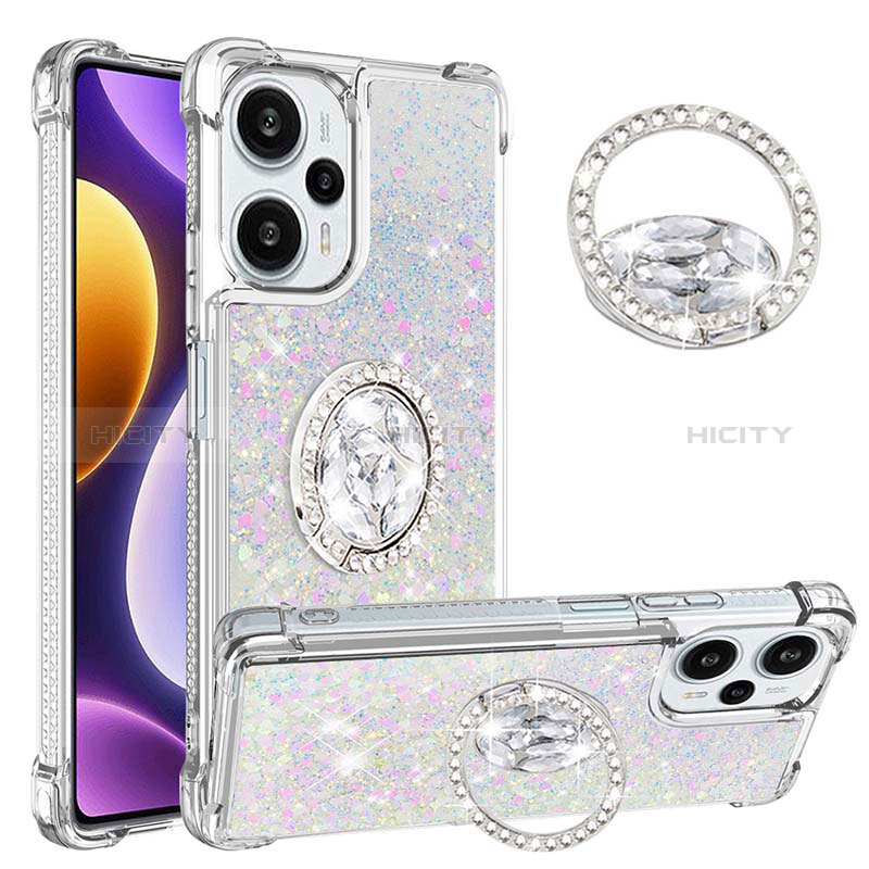 Custodia Silicone Cover Morbida Bling-Bling con Anello Supporto YB1 per Xiaomi Poco F5 5G Argento